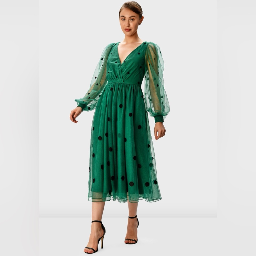eShakti Green Sheer Polka Dot Dress